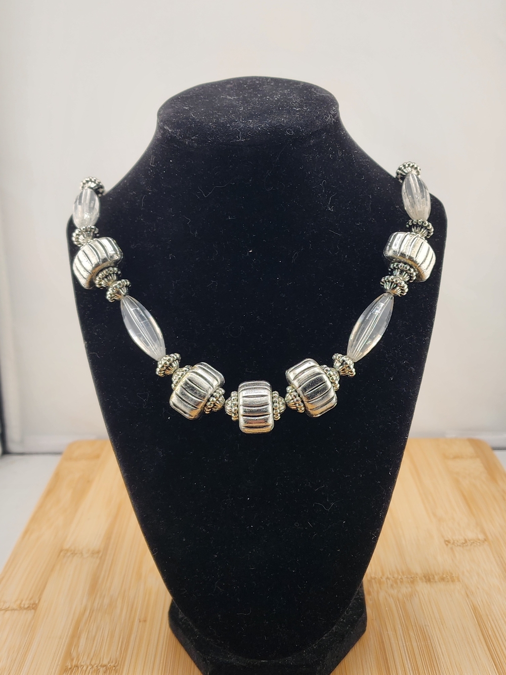 28in Silver-Tone Beaded Statement Necklace - Clear and Silver 0666